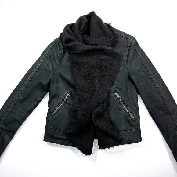 Free People Jackets & Blazers - Free People Moto Jacket Black Coated Denim Drape Front Sweater Size 0 Biker Coat